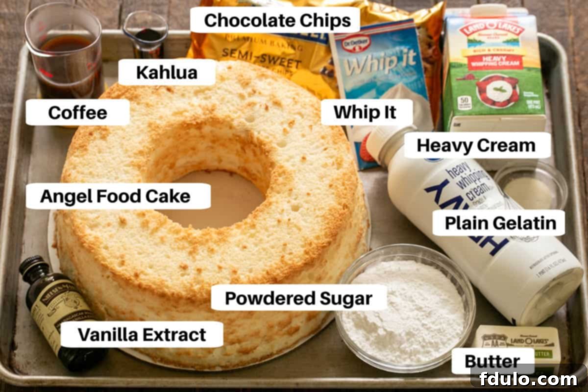 Mousse Filled Angel Food Cake Ingredients meticulously arranged on a sheet pan with clear labels for easy identification.