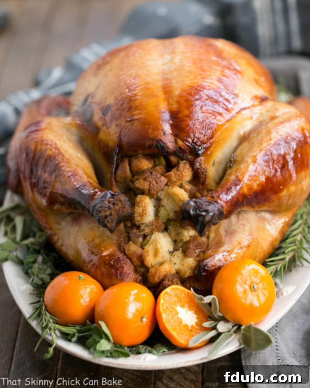 Honey Brined Turkey Recipe view of stuffing end with herbs and oranges, close-up of the delicious, caramelized skin.