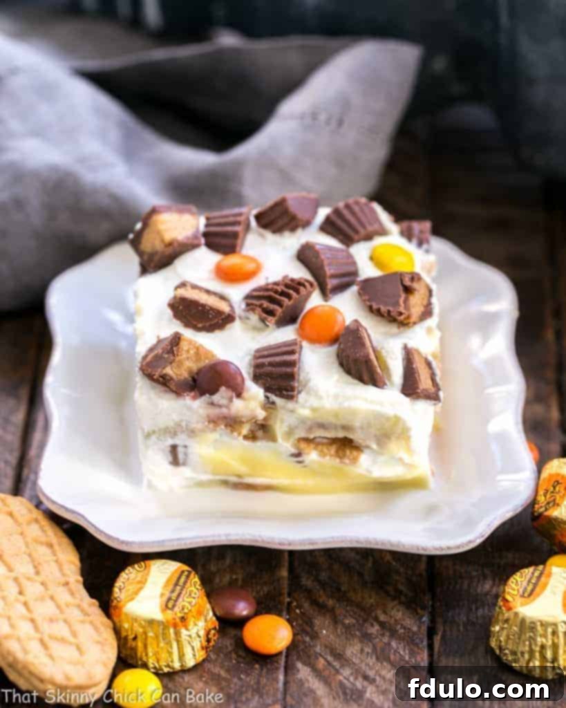 A slice of Peanut Butter Cookie Lasagna on a square white plate, revealing its delicious layers of cookies, peanut butter, pudding, and whipped cream.