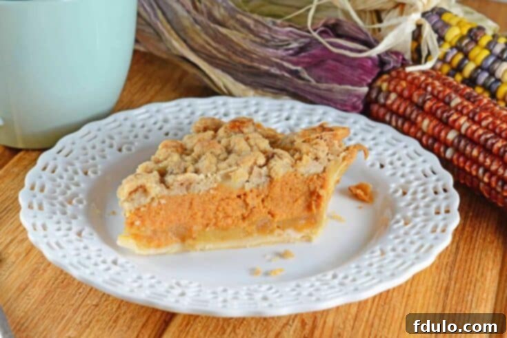 A unique Pumpkin Apple Pie, generously adorned with a crunchy pecan streusel topping, perfectly combining two favorite fall flavors in one festive dessert.