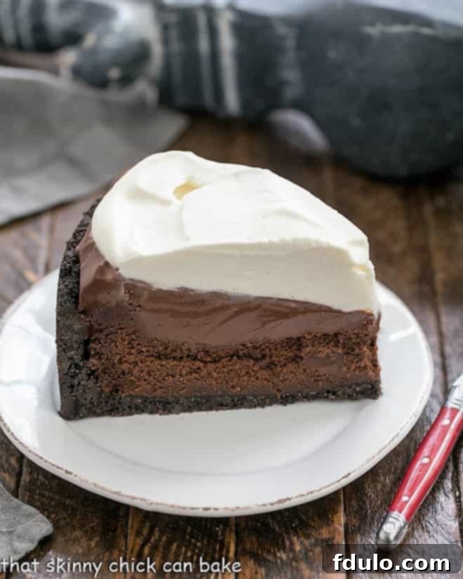 A perfectly portioned slice of Mississippi Mud Pie, showcasing its distinct layers, rests elegantly on a pristine white plate, inviting dessert lovers to indulge in its rich chocolate goodness.