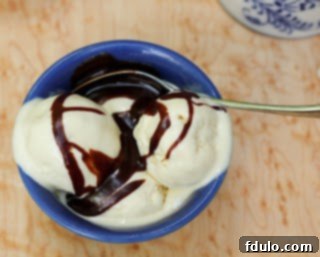 Overhead view of a blue bowl of marshmallow ice cream with fudge sauce
