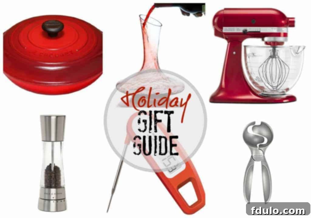 Collage of various kitchen gifts from the 2017 Holiday Gift Guide, including a blender, coffee maker, and cooking utensils