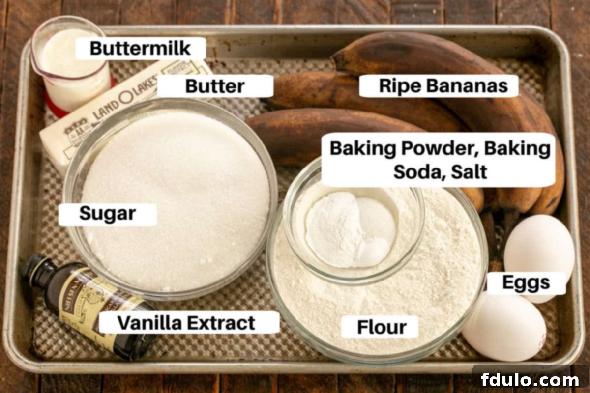 Buttermilk Banana Bread Ingredients with labels on a metal sheet pan.