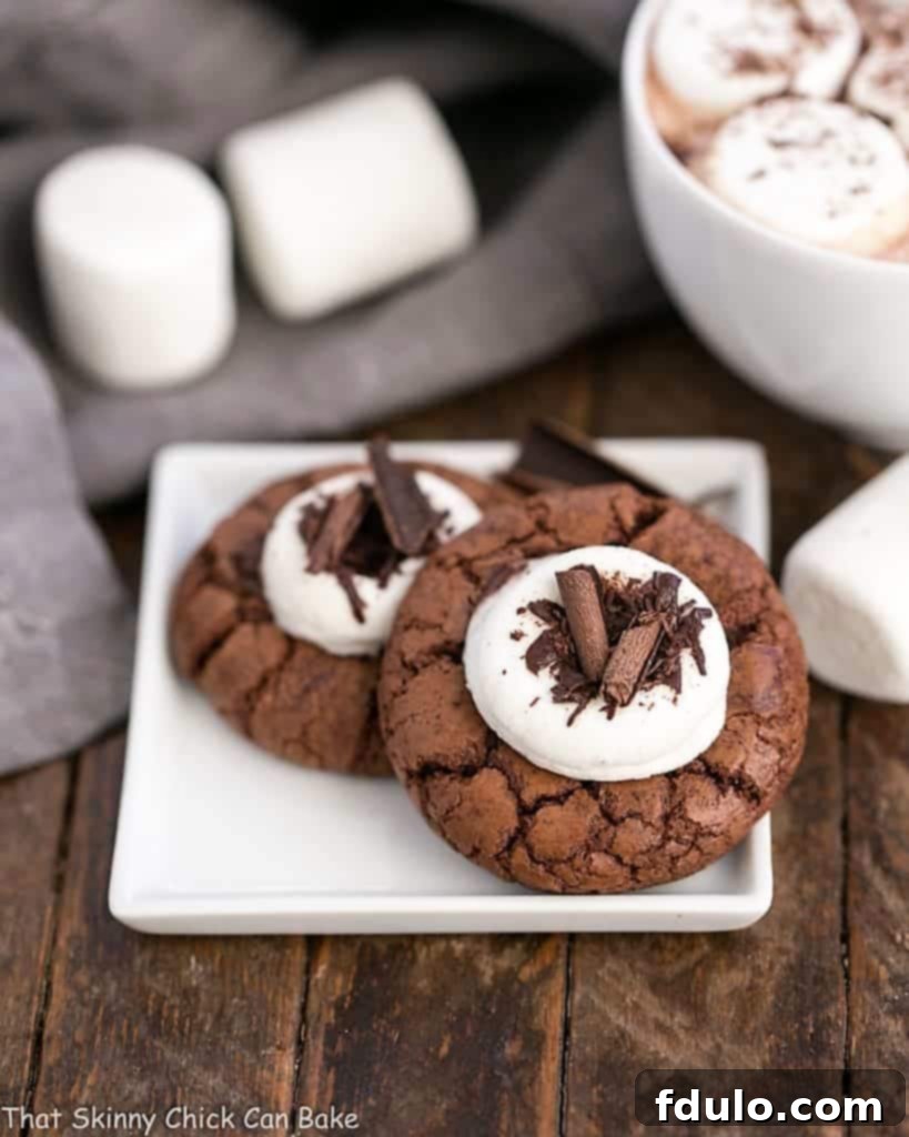 Decadent Marshmallow Topped Hot Cocoa Cookies artfully arranged on a small white plate, ready for holiday festivities, with extra marshmallows and a mug of hot chocolate in the background.