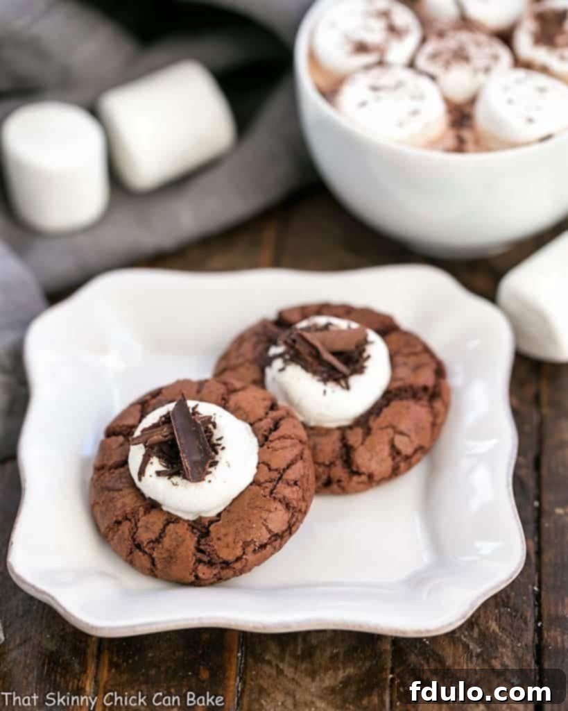 Close-up of a Marshmallow Topped Hot Cocoa Cookie alongside a cup of steaming hot cocoa, highlighting the inviting warmth and indulgence of this holiday treat.