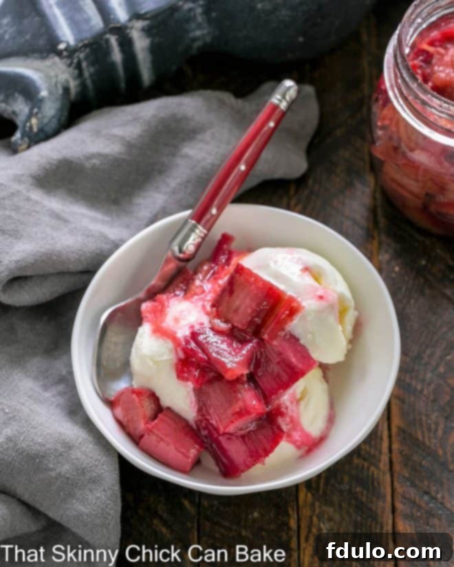 Roasted Rhubarb over a scoops of vanilla ice cream