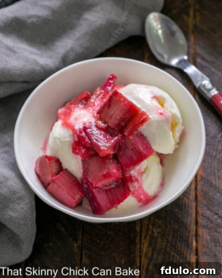 Rhubarb compote on vanilla ice cream in a white bowl