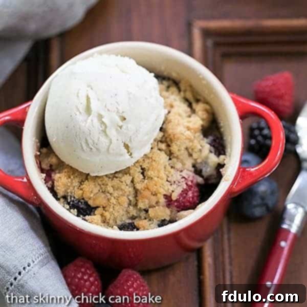 Personal Berry Crisp Bliss 3 overhead view of a berry crisp siwht a scoop of vanilla ice cream in a small red ramekin