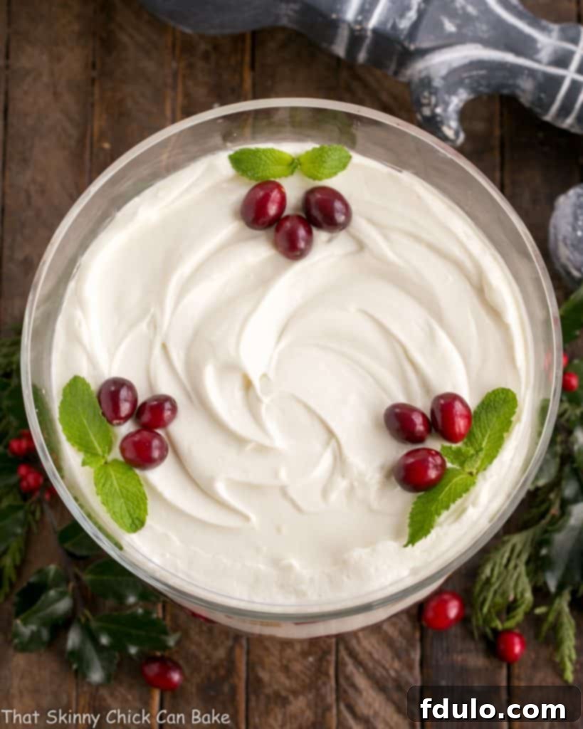 Cranberry Cheesecake Trifle is a delicious semi-homemade dessert that's a take on a traditional English trifle! This easy trifle recipe is a snap to prepare. #desserts #trifle #holidayrecipes An overhead shot of a delightful semi-homemade Cranberry Cheesecake Trifle, showcasing its beautiful layers and festive garnish.