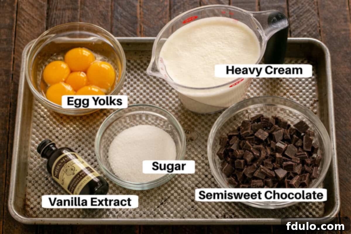 Pots de Creme Ingredients on a metal sheet pan with labels.