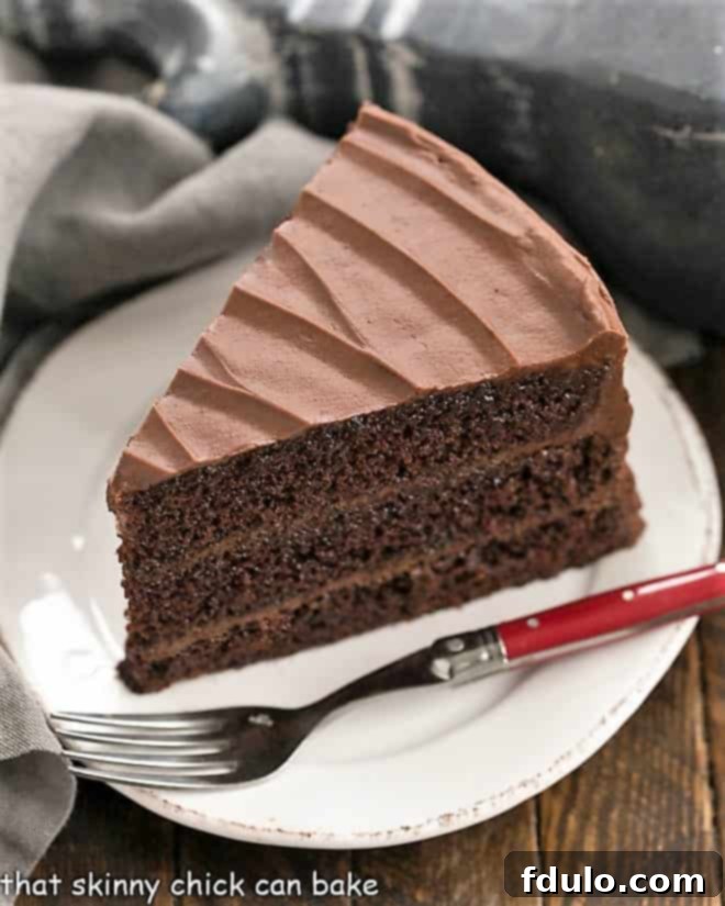 A beautifully sliced piece of the best moist chocolate cake, revealing three tender layers and generous chocolate buttercream frosting, presented on a pristine white dessert plate.