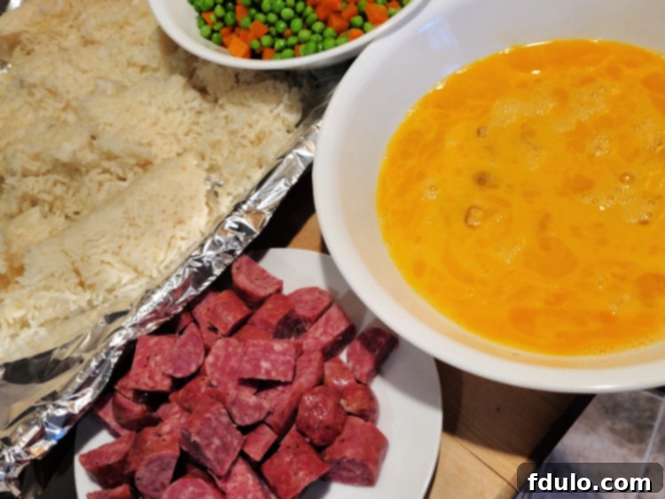 Prepared Ingredients for Sausage Fried Rice