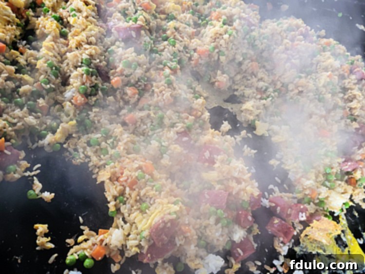 Steaming Blackstone Sausage Fried Rice Cooking on the Griddle