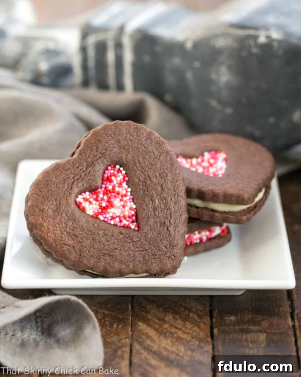 A delightful presentation of Chocolate Heart Sandwich Cookies arranged on a square white plate, ready to be served or shared.