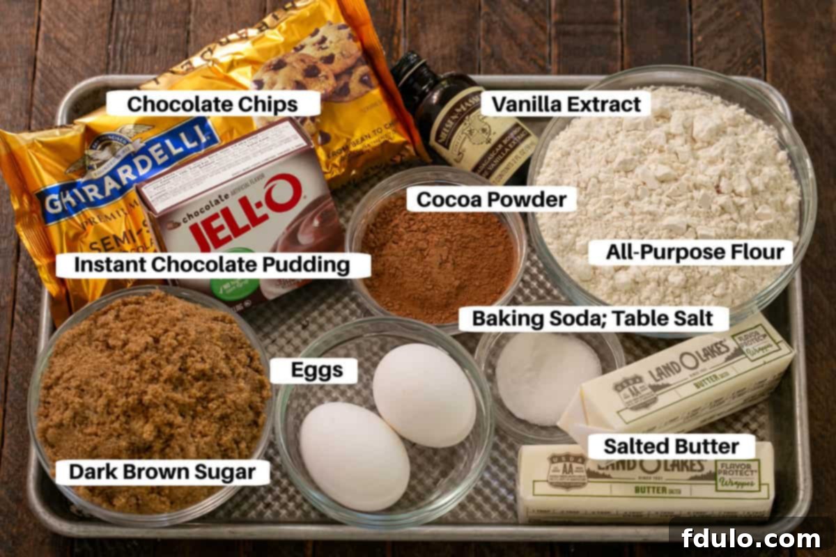 A beautifully arranged spread of Dark Chocolate Pudding Cookie ingredients on a white baking sheet, each clearly labeled for easy identification.