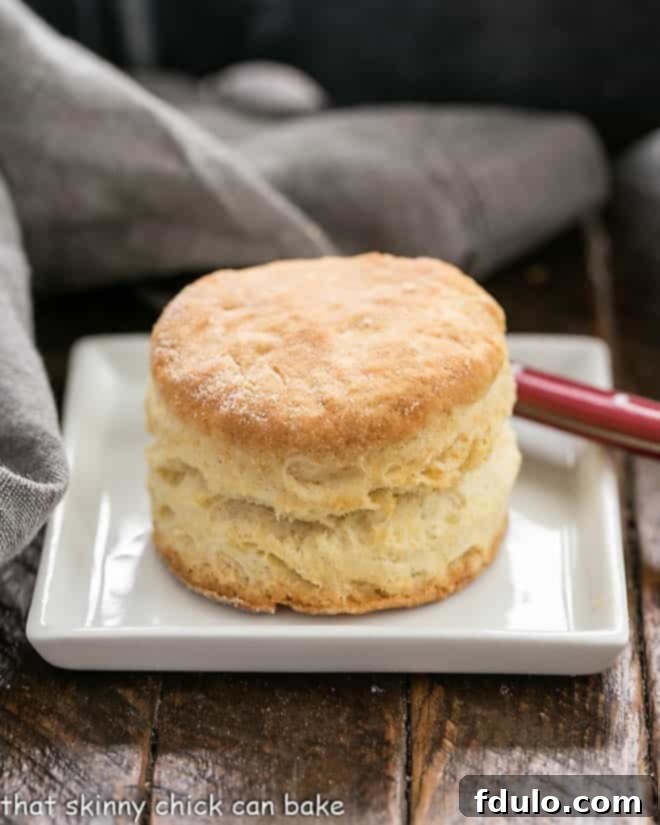 A golden-brown, flaky buttermilk biscuit resting on a square white plate, with a red-handled knife beside it, ready to be enjoyed.
