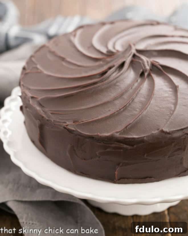 Triple Layer Cocoa Cake on a elegant white cake stand, showcasing its three rich layers and glossy ganache.