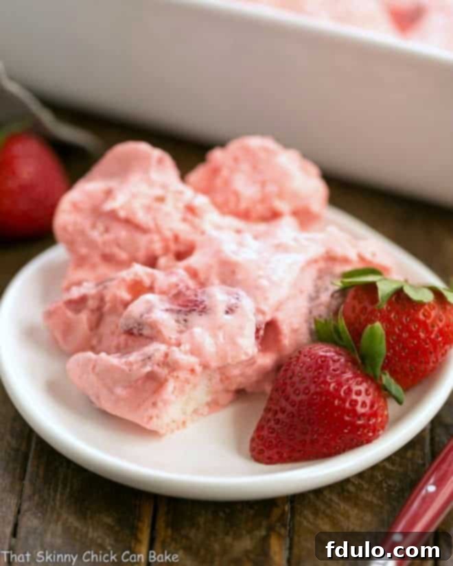 Strawberry Angel Food Dessert - a no bake dessert with angel food cake cubes, strawberries and cream!
