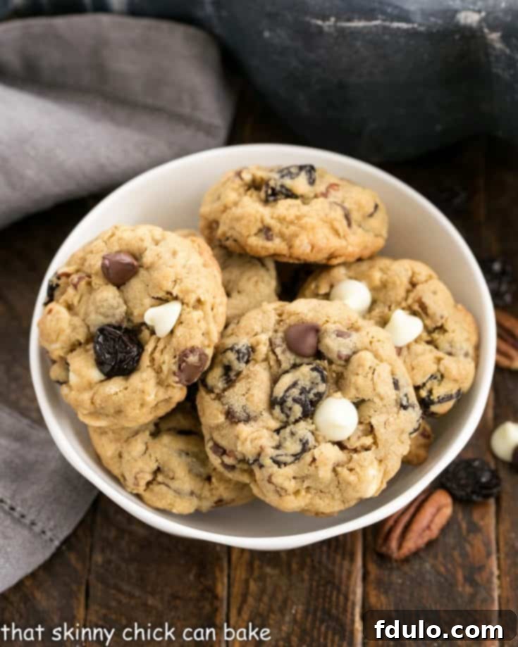 Oatmeal, Cherry and Chocolate Chip Cookies in a white ceramic bowl