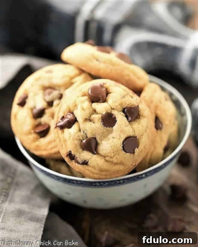 Delicious Double Chocolate Chip Cookies arranged beautifully in a blue and white bowl, showcasing their golden edges and plentiful chocolate chips.