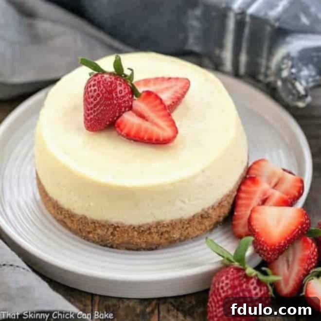 Exquisite Vanilla Bean Instant Pot Cheesecake on a pristine white plate, showcasing its smooth texture and delightful vanilla specks, ready to be served.