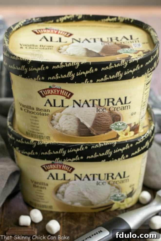 Three tubs of Turkey Hill All Natural Ice Cream in different flavors, showcasing the premium packaging and rich texture, ideal for making any dessert.