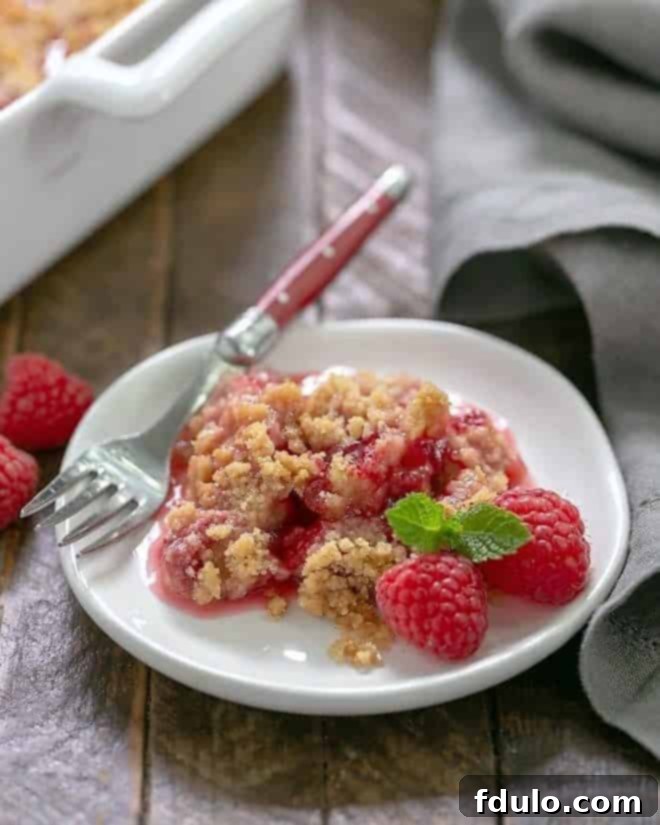 A perfectly portioned Fresh Raspberry Crisp on a small white plate, elegantly garnished with fresh raspberries and a sprig of mint. A delightful summer berry dessert.