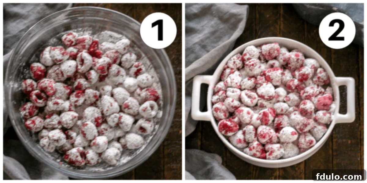 Step-by-step process images showing fresh raspberries being tossed with sugar, flour, and cornstarch, then transferred to a greased baking dish.
