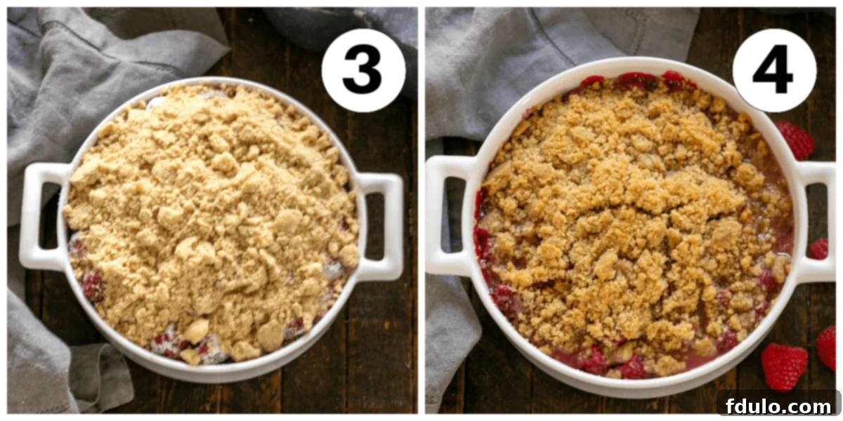 Process images illustrating the streusel topping being prepared and crumbled over the raspberry filling in a baking dish, followed by the baked crisp, golden brown and bubbly.
