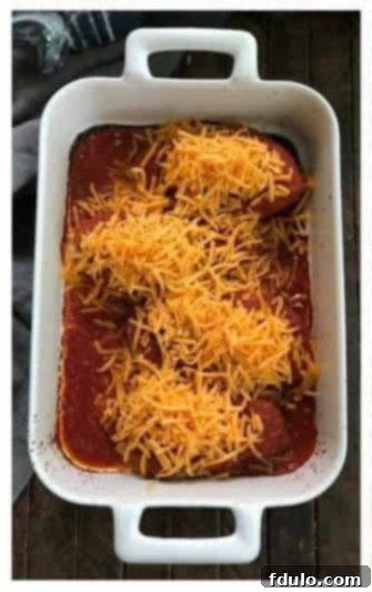 Step 3: Shredded sharp cheddar cheese being sprinkled evenly over the salsa-covered chicken.