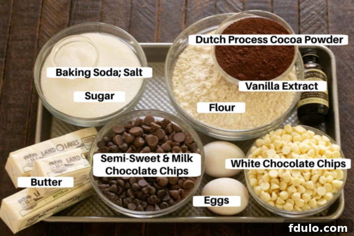 Decadent Four-Chocolate Cookies 2 Quadruple Chocolate Cookie Ingredients with labels on a sheetpan.