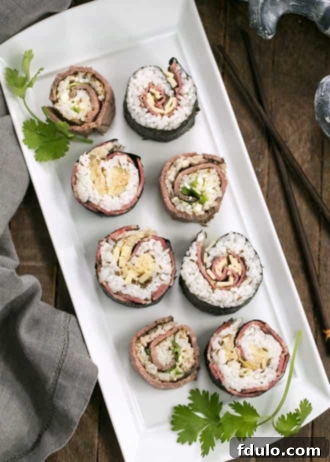 Beefshi - a fun twist on classic sushi made with deli beef, sushi rice along with a variety of flavorful ingredients Beefshi - a variety of slices on a white ceramic serving dish, showcasing different flavor profiles