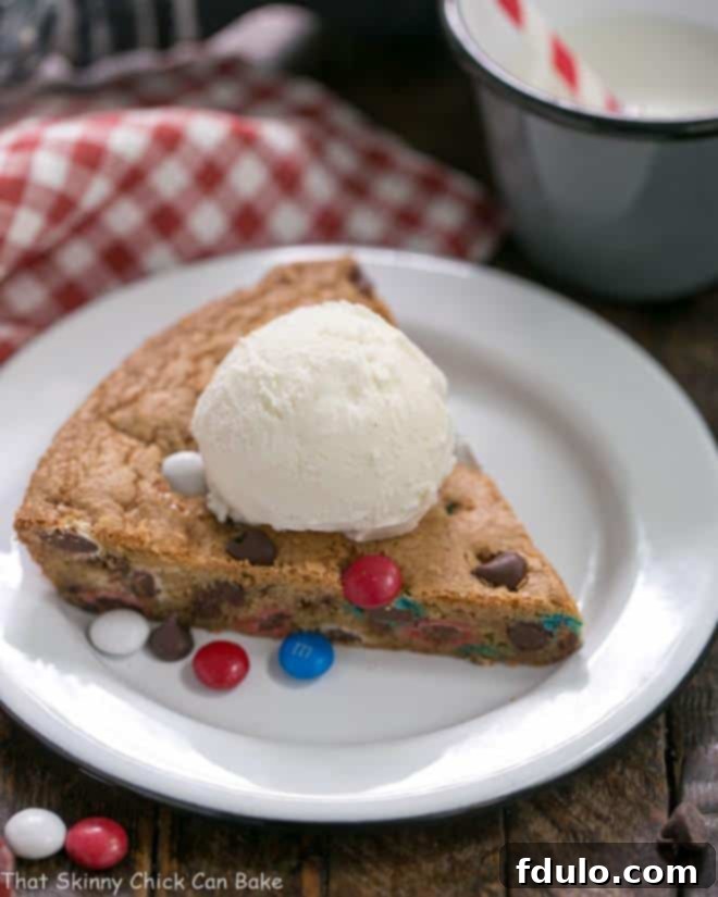 Patriotic Skillet Cake with M&M's and chocolate chips