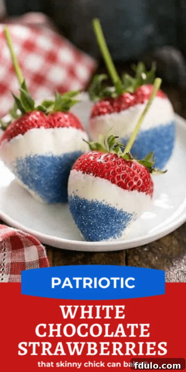 A collage featuring photos of red white and blue white chocolate dipped strawberries with descriptive text, highlighting the festive holiday treat.