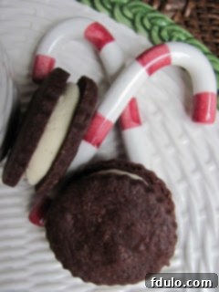 Rich Chocolate Sandwich Cookies 3 Detailed shot of a chocolate sandwich cookie showing the rich, dark chocolate biscuit and the creamy white ganache filling
