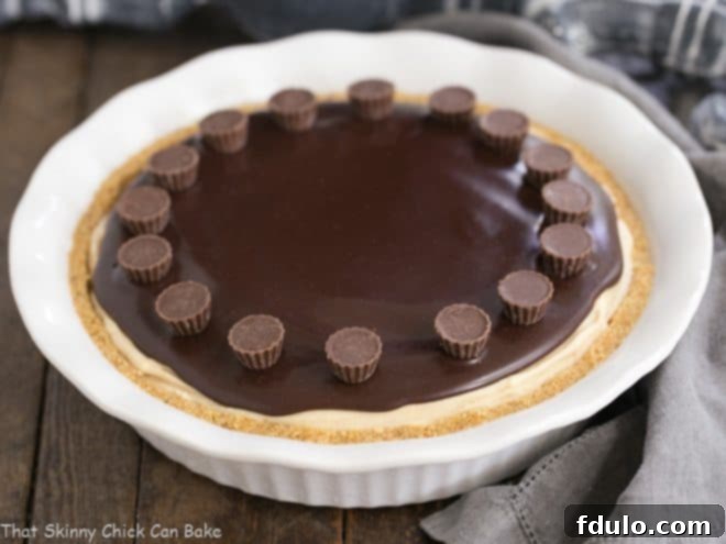 A whole Frozen Chocolate Peanut Butter Pie, beautifully presented in a white ceramic pie plate, generously topped with mini Reese's peanut butter cups for an extra touch of indulgence.