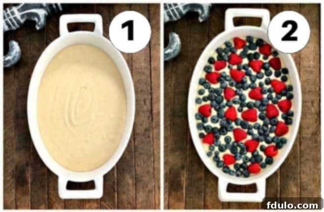 Two process shots showing the initial steps of making berry cobbler: mixing the batter and pouring it into a baking dish.