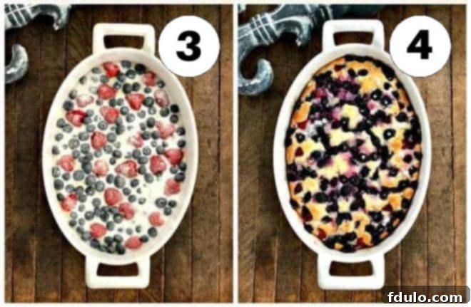 Two process shots showing the final steps of making berry cobbler: sprinkling sugar over the berries and the baked cobbler.