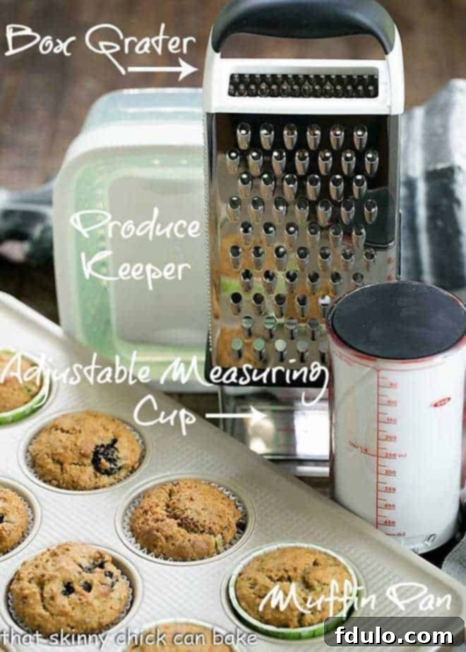 Blackberry Bran Muffins with grated zucchini and full of juicy, plump berries Freshly baked Blackberry Bran Muffins alongside a selection of OXO kitchen products