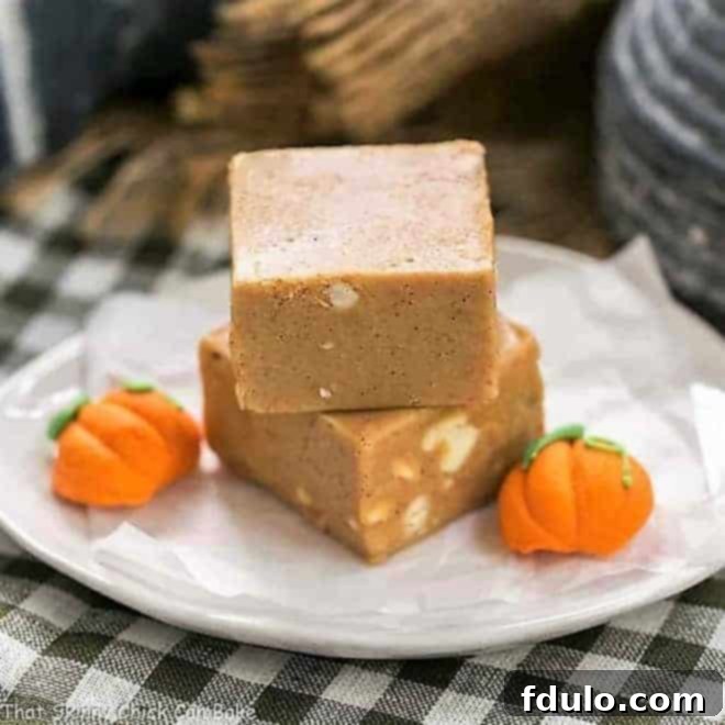 Squares of creamy Pumpkin Fudge, garnished with a light sprinkle of cinnamon.