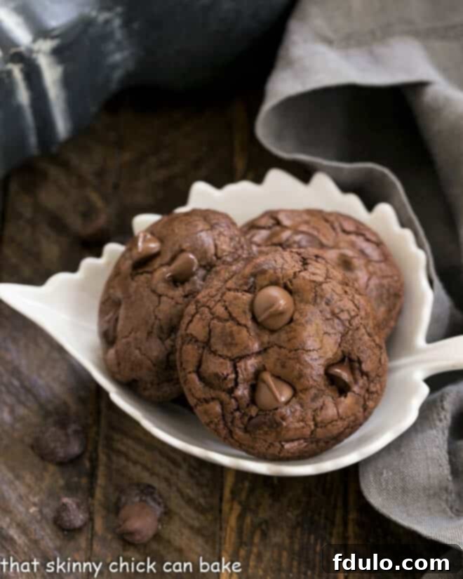 Death by Chocolate Cookies in a leaf shaped white bowl.