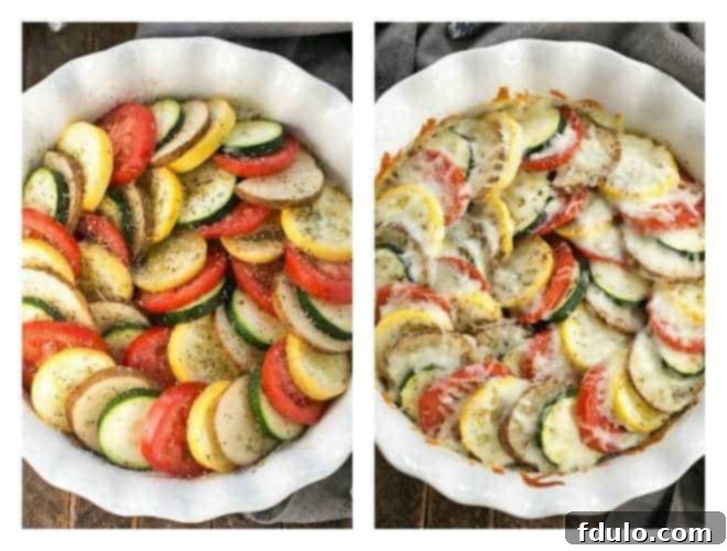 Collage showing Cheesy Vegetable Terrine before and after baking