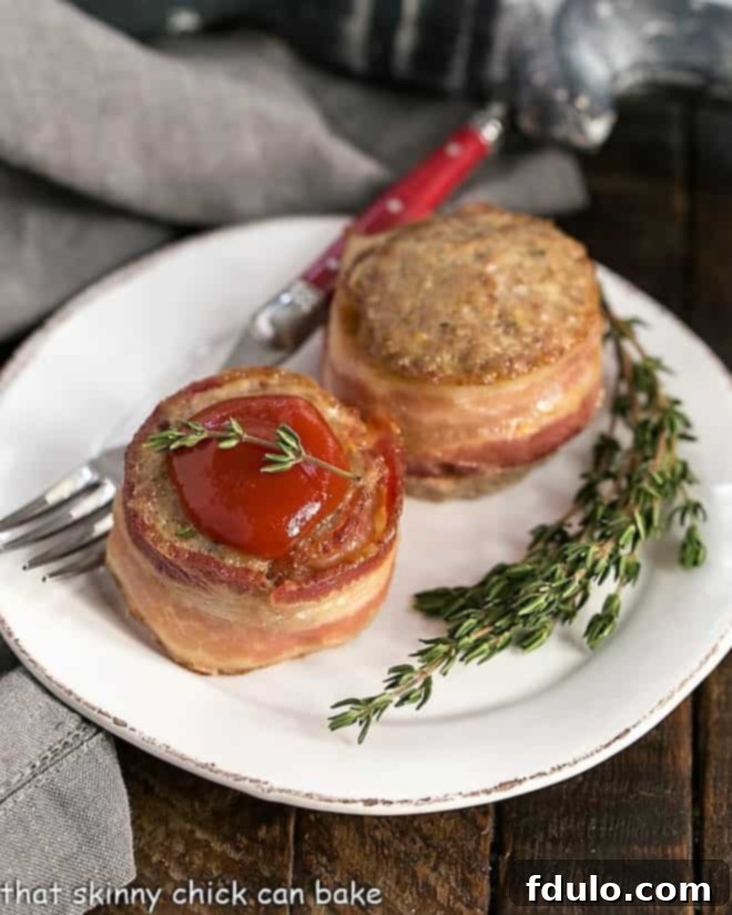 How to Make the Best Meatloaf plus bonus recipes and tips for a perfect meatloaf Two bacon wrapped meatloaf muffins on a round white plate.
