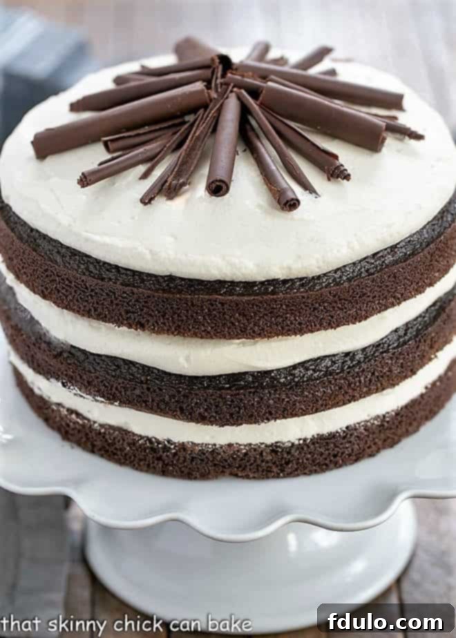 Close-up of a frosted Triple Layer Chocolate Cake on a white ceramic cake stand, showcasing its moist texture.