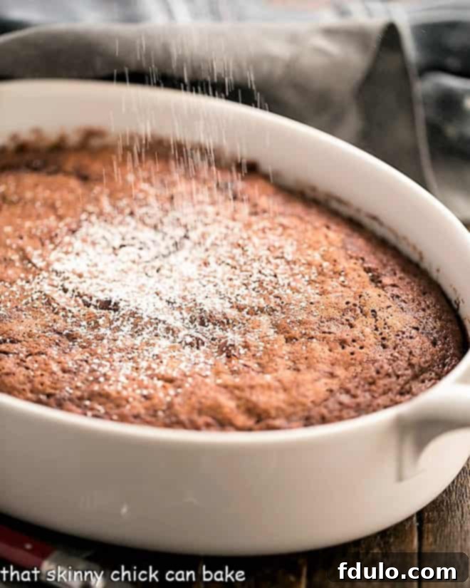 Easy Chocolate Pudding Cake - this Bisquick pudding cake is easy and bakes up into a soft cake layer and a fudgy sauce layer! Self saucing chocolate pudding cake in an oval casserole dish dusted with powdered sugar, ready to serve.