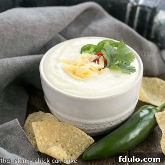 Easy homemade queso dip in a small white bowl, garnished with fresh cilantro.