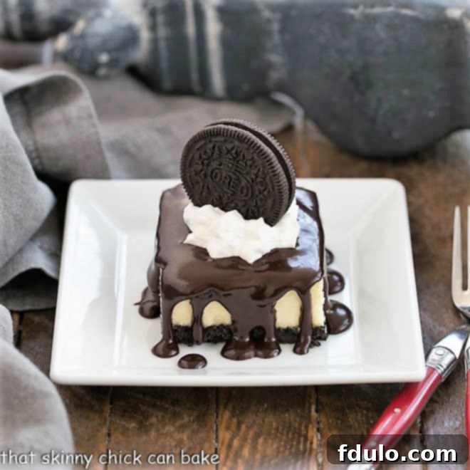 A single Hot Fudge Cheesecake Bar on a small white plate, garnished with whipped cream and a mini Oreo.