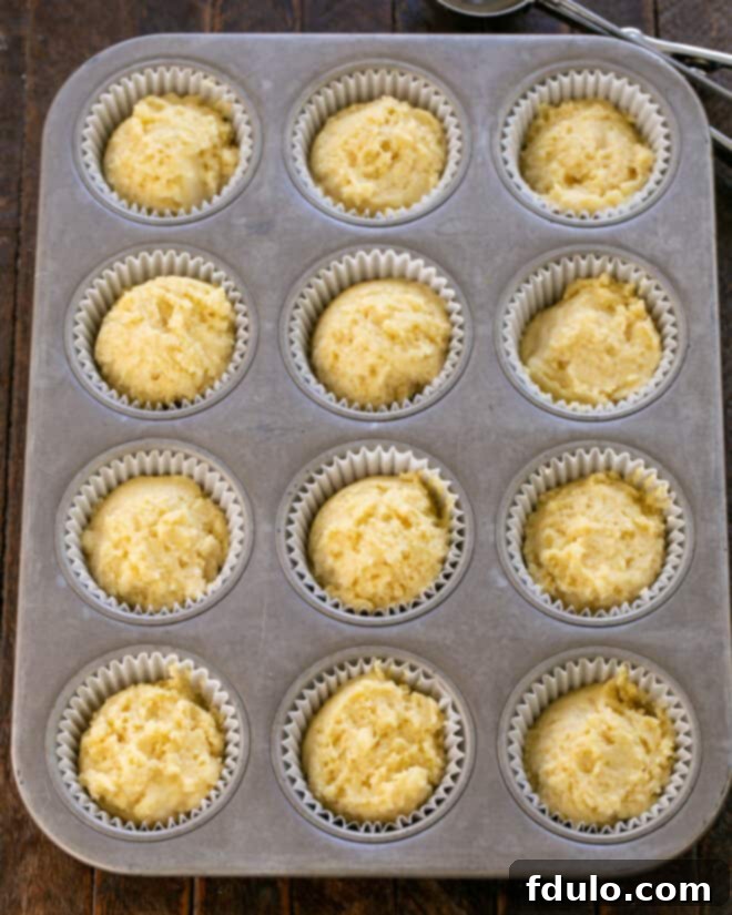 Muffin dough scooped into muffin tin, then baked.