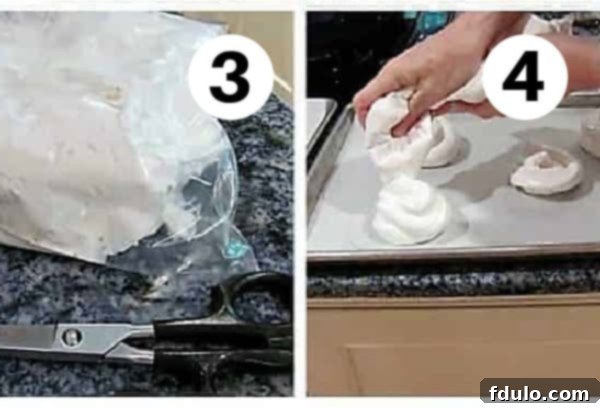 Mini pavlova process shots number 3, 4. Shows pavlova mixture in a piping bag and being squeezed onto a baking sheet, forming rounds.